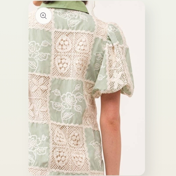 Sofie The Label Carmine Green Cream Crochet Puff Short Sleeve Mini Dress - Picture 5 of 13